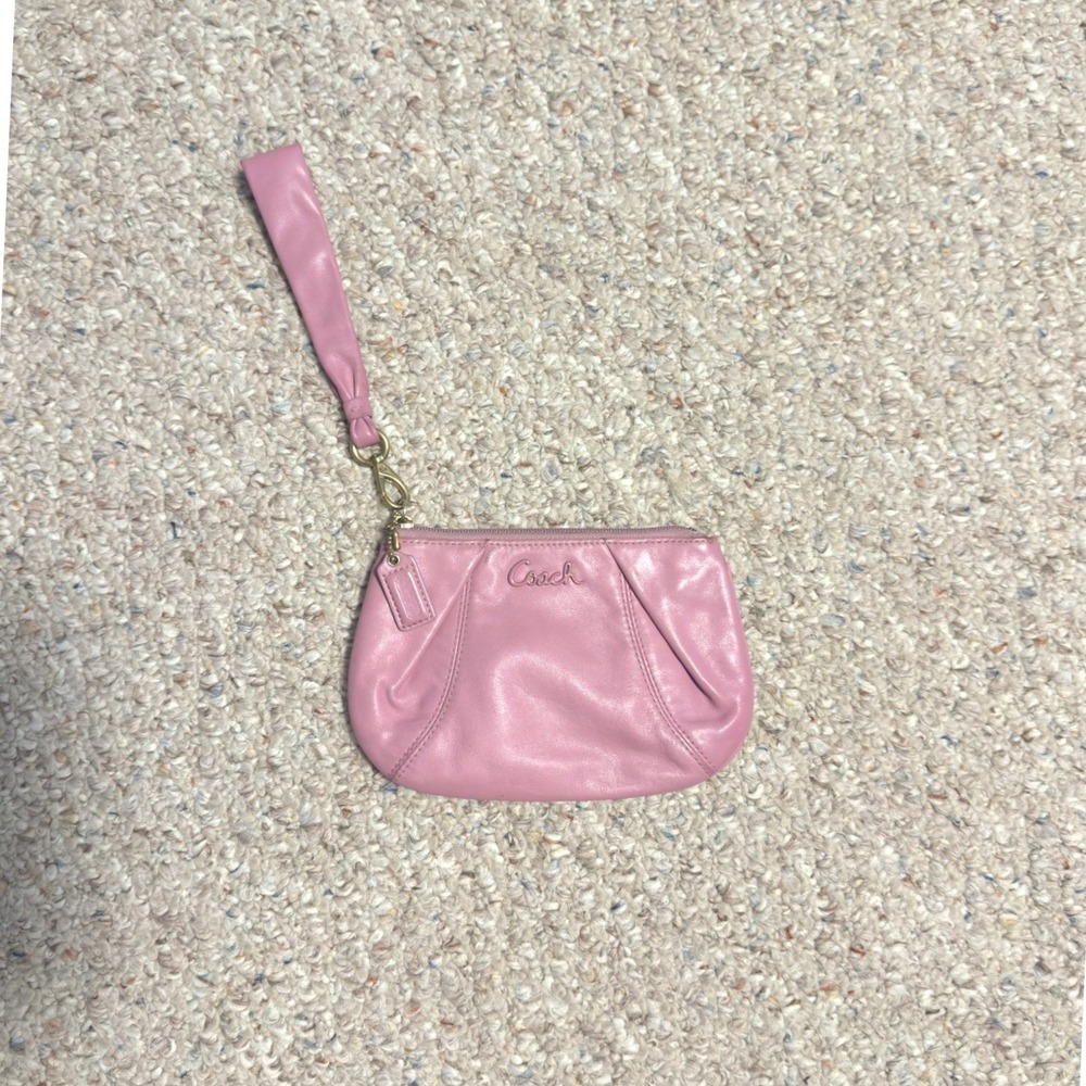 Coach Pink Leather Script Logo Pleated Wristlet Small Clutch Bag